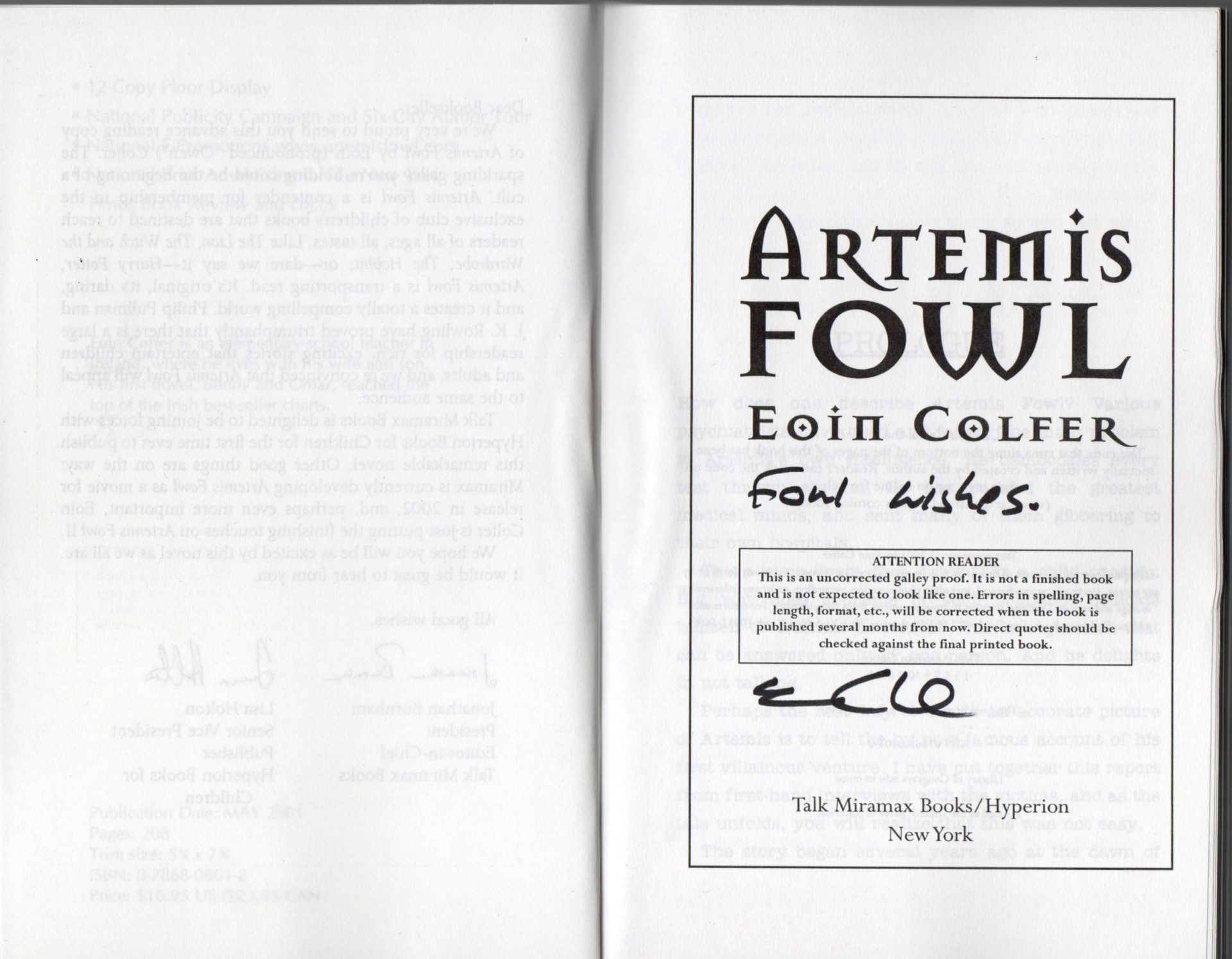 Artemis Fowl by Eoin Colfer: Very Good (2001) Signed by Author(s)