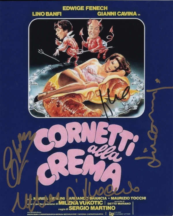 Sergio Martino, Mariangela D'Abbraccio, Edwige Fenech and Lino Banfi - Signed Photo - Cornetti alla crema