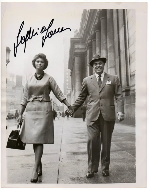 Sophia Loren (1958) - Signed Vintage Photo - with Carlo Ponti at Walk NYC Street 1950s