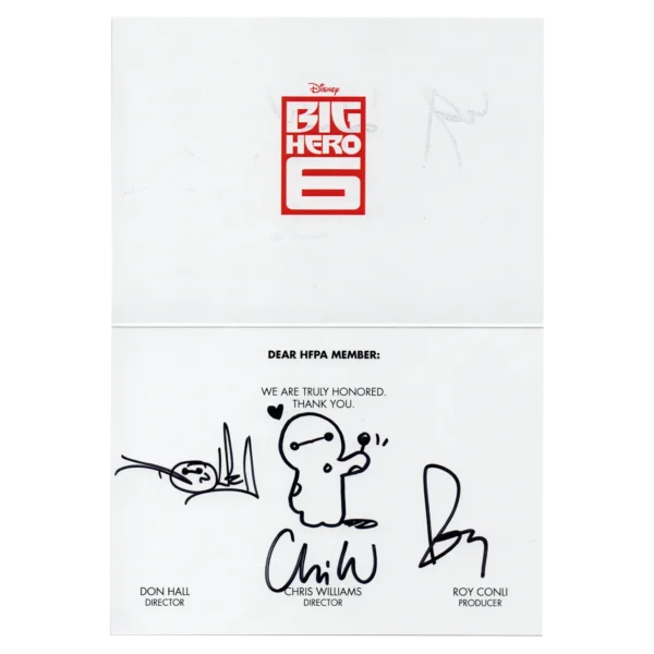 Hall, Williams and Conli - Signed Compliment Sheet For HFPA Member - Big Hero 6