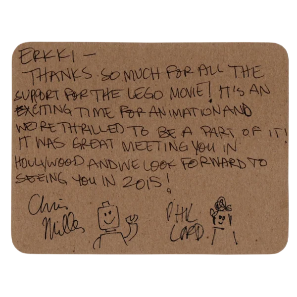 Philip Lord and Christopher Miller - Signed Compliment Sheet - The Lego Movie