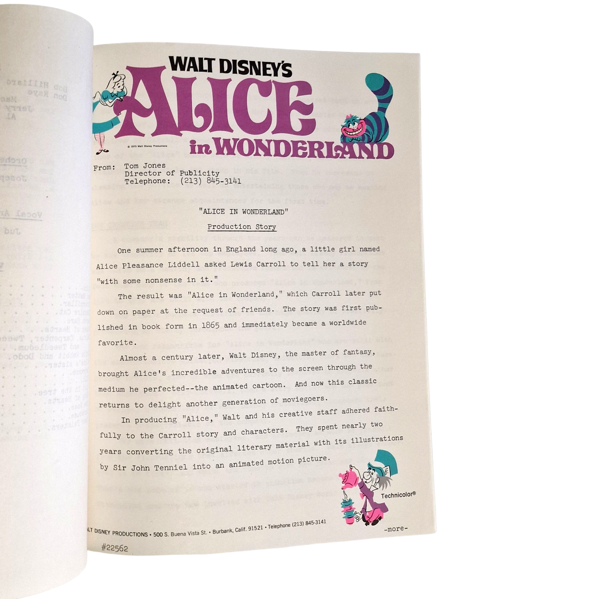 Original Walt Disney Alice in Wonderland Press Kit – Buena Vista Re-Release – Rare Publicity Folder with Production Notes - Image 3