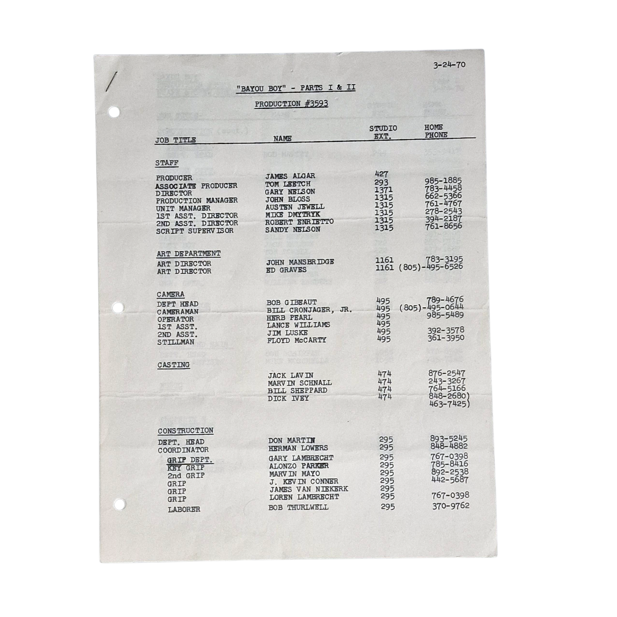 Original 1970 Walt Disney Production Document – “Bayou Boy” Parts I & II – Internal Crew List