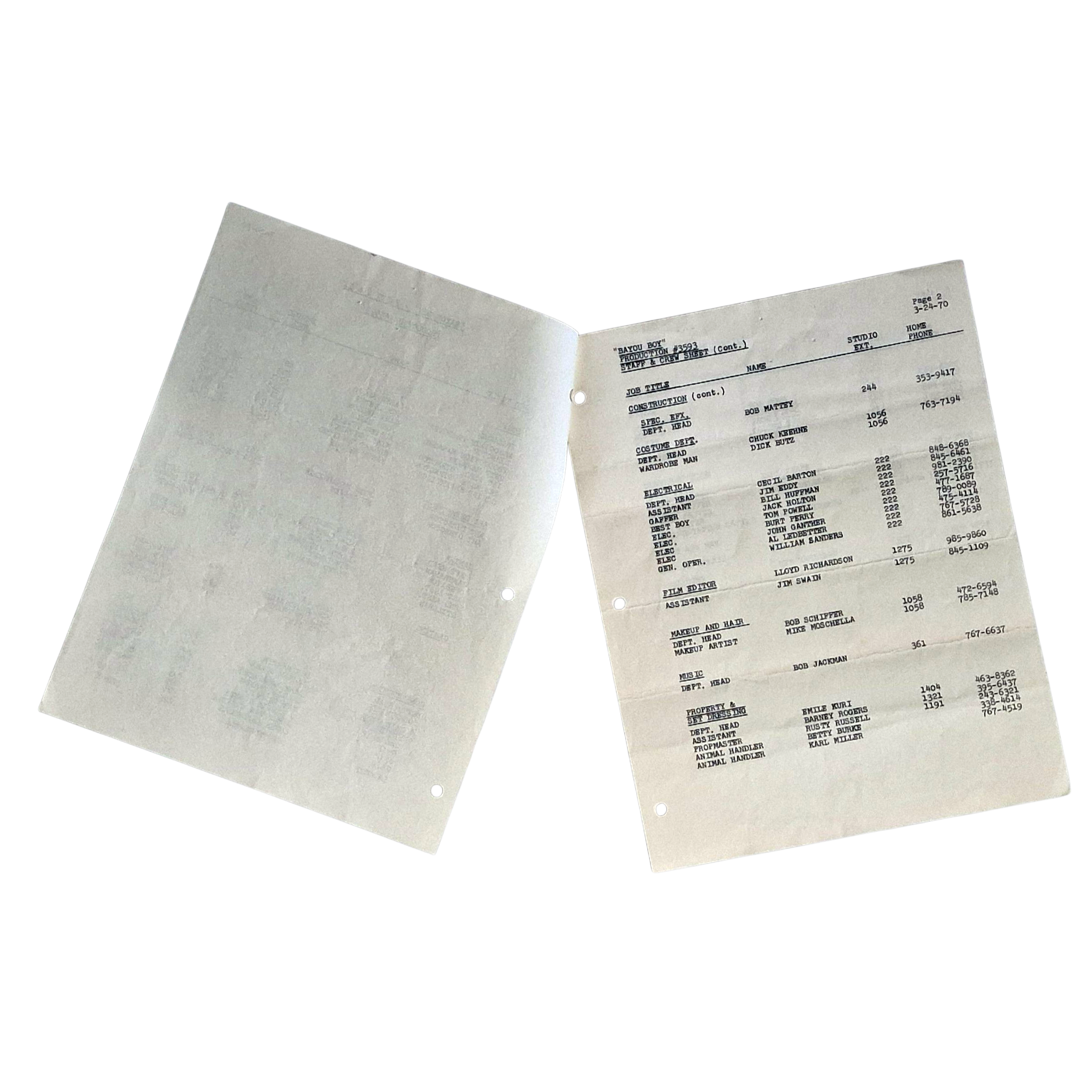 Original 1970 Walt Disney Production Document – “Bayou Boy” Parts I & II – Internal Crew List - Image 2