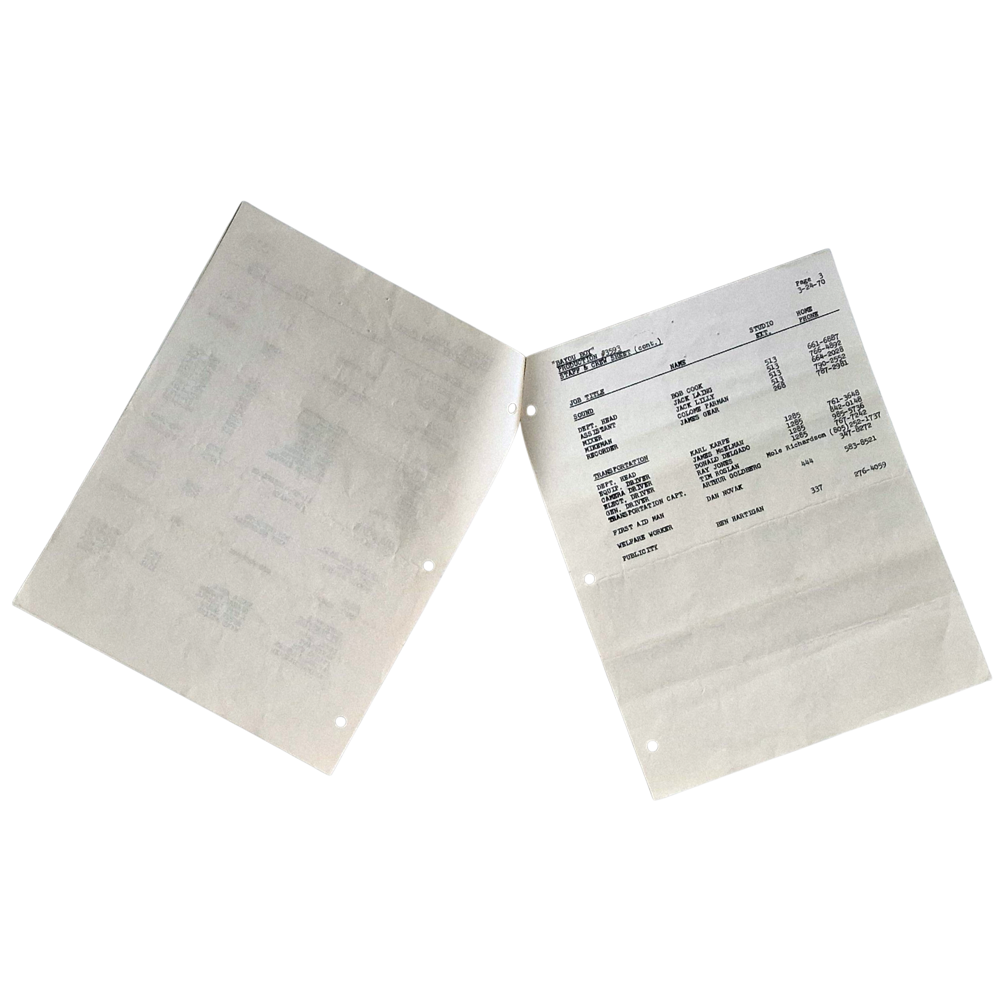 Original 1970 Walt Disney Production Document – “Bayou Boy” Parts I & II – Internal Crew List - Image 3