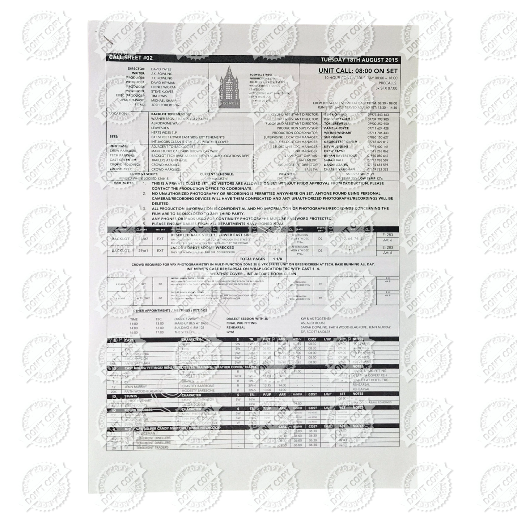 Fantastic Beasts and Where to Find Them (Codename “Boswell”) Original 2015 Call Sheet 02