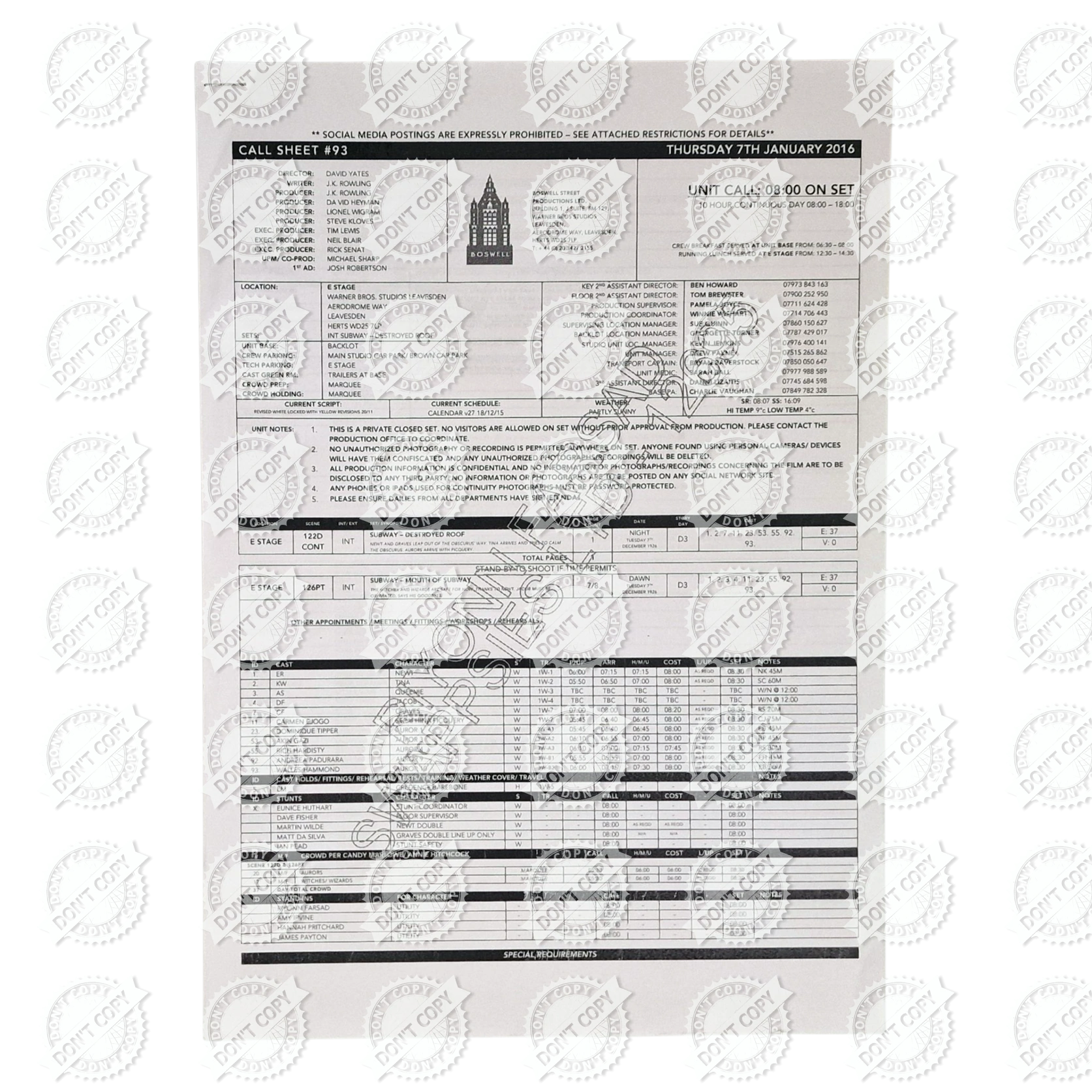 Fantastic Beasts and Where to Find Them (Codename “Boswell”) Original 2016 Call Sheet 93