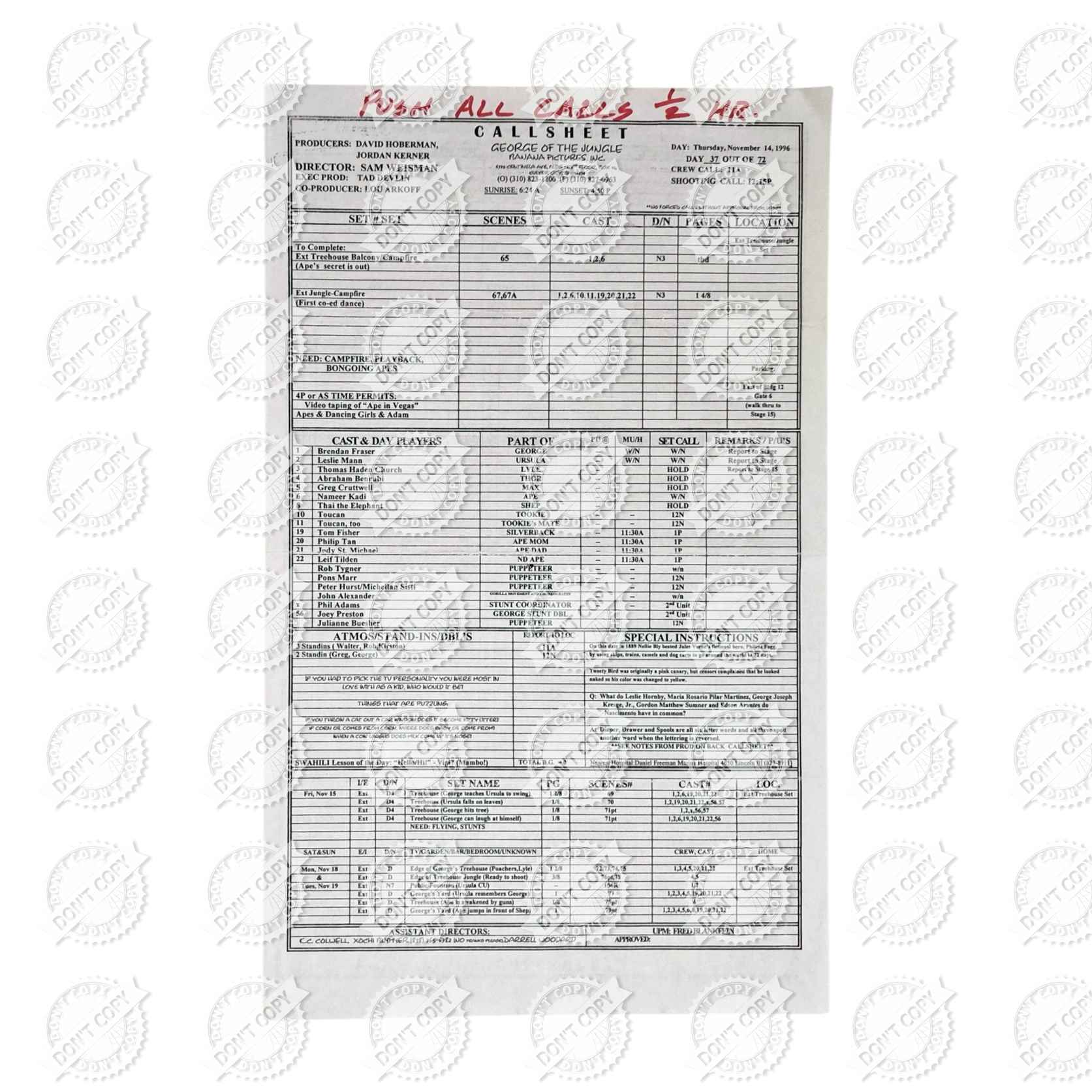 George of the Jungle – 1996 Original Production Call Sheet – Walt Disney Pictures- Brendan Fraser