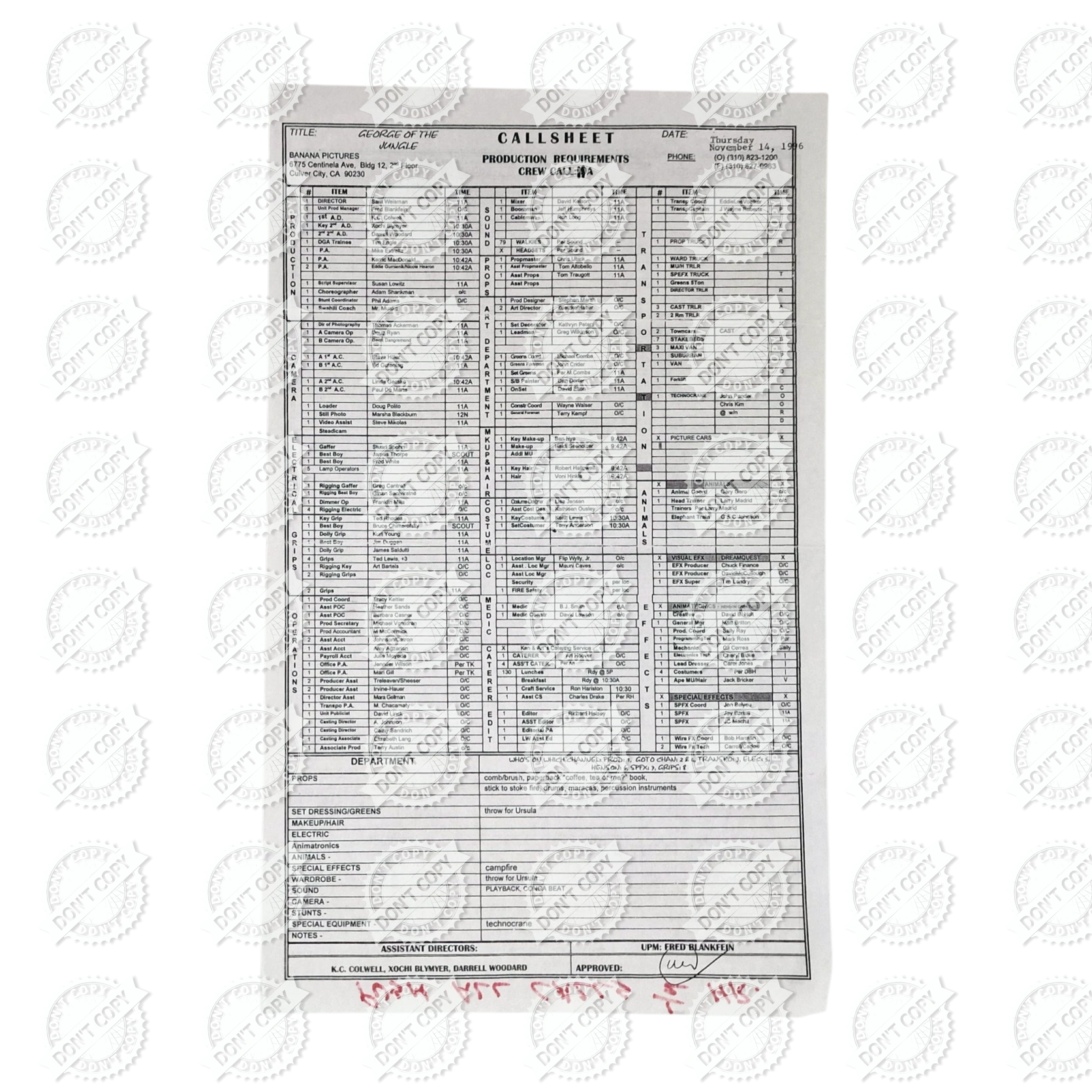 George of the Jungle – 1996 Original Production Call Sheet – Walt Disney Pictures- Brendan Fraser - Image 2