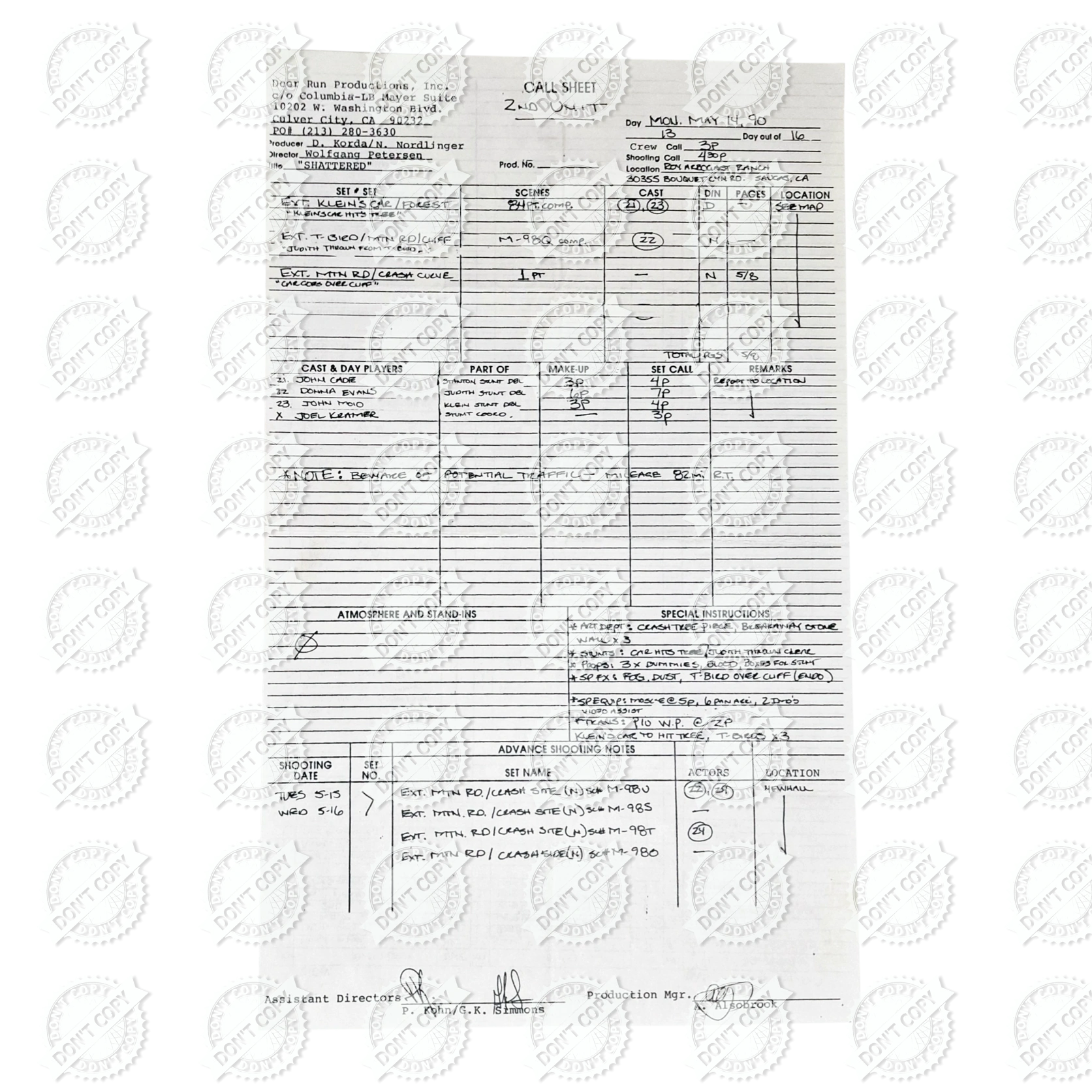 Shattered Original Production Call Sheet May 14 1990 Double Sided Document