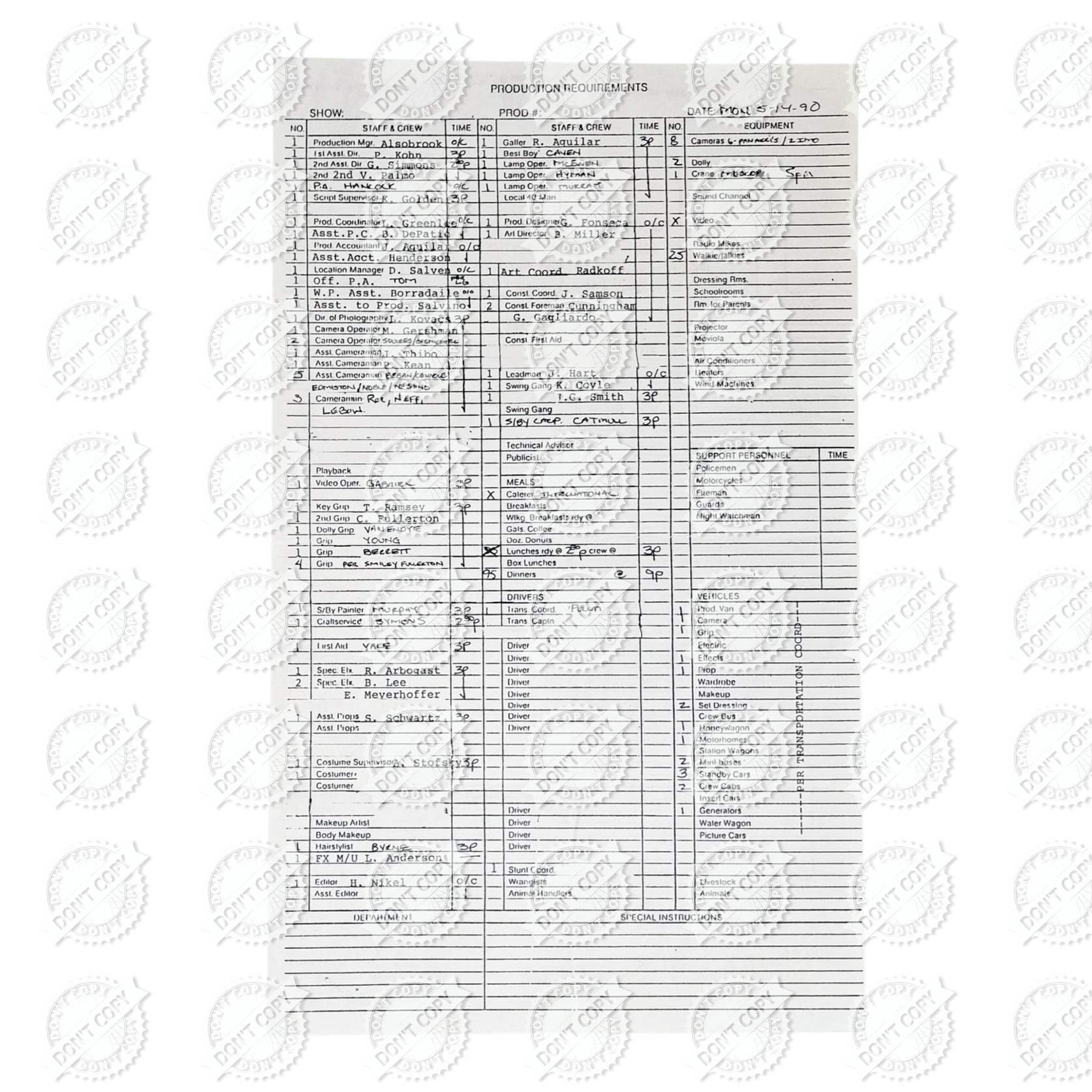 Shattered Original Production Call Sheet May 14 1990 Double Sided Document - Image 2