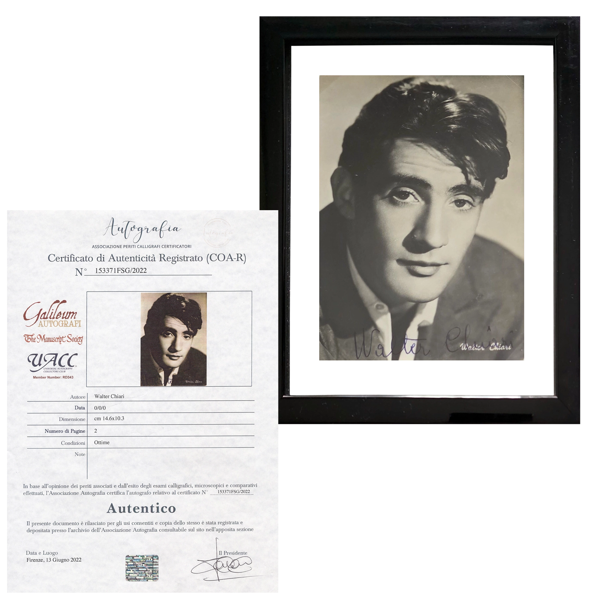 Walter Chiari – Original Hand-Signed Vintage Photo – Double Glass Frame with COA by Autografia