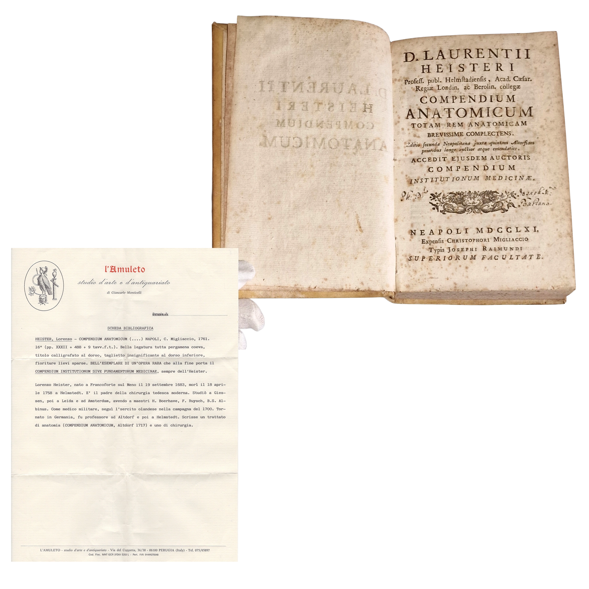 Antique medical book (1761) Laurentii Heister Compendium Anatomicum Naples Latin with engraved plates + Certificate