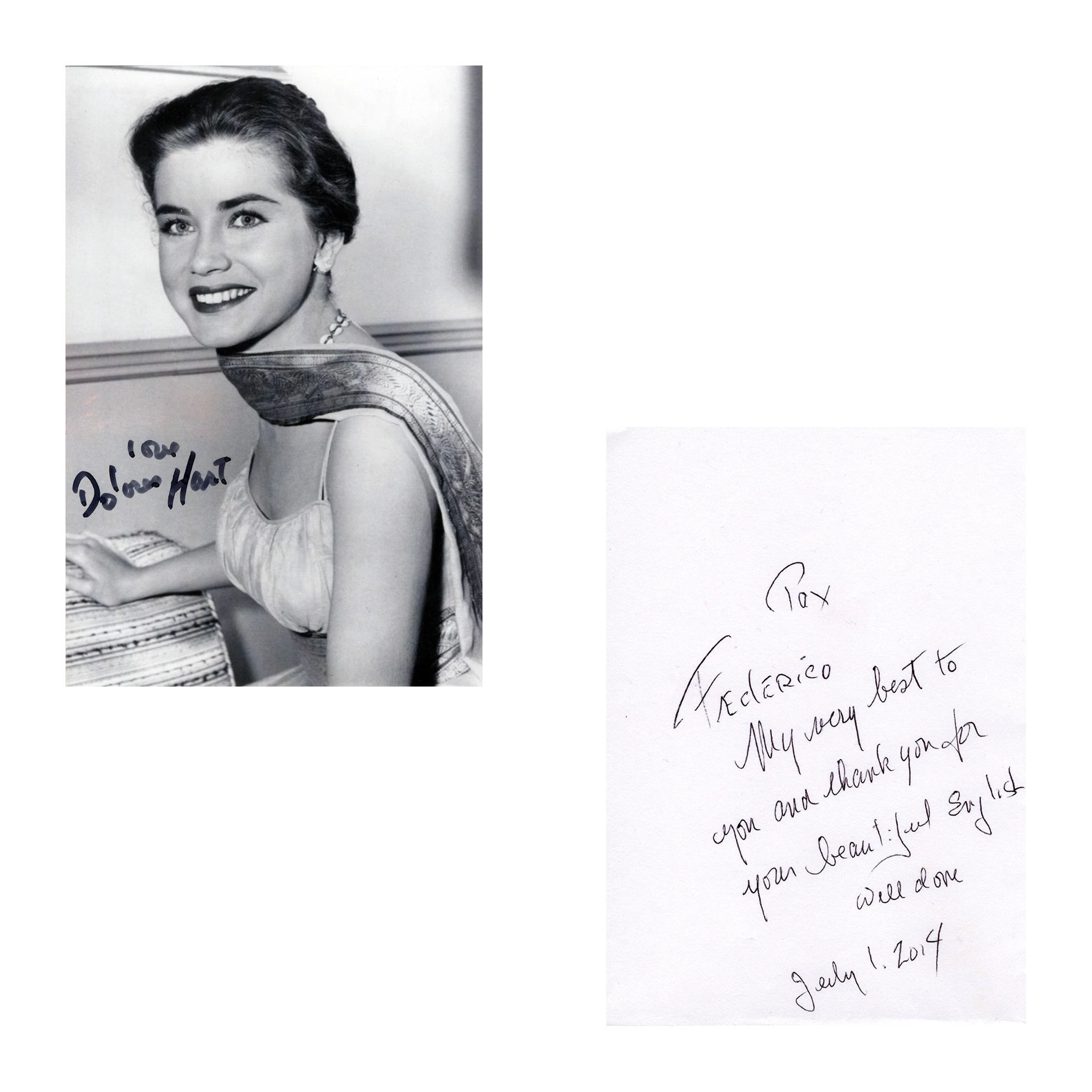 Dolores Hart Signed Photo and Handwritten Message Lot