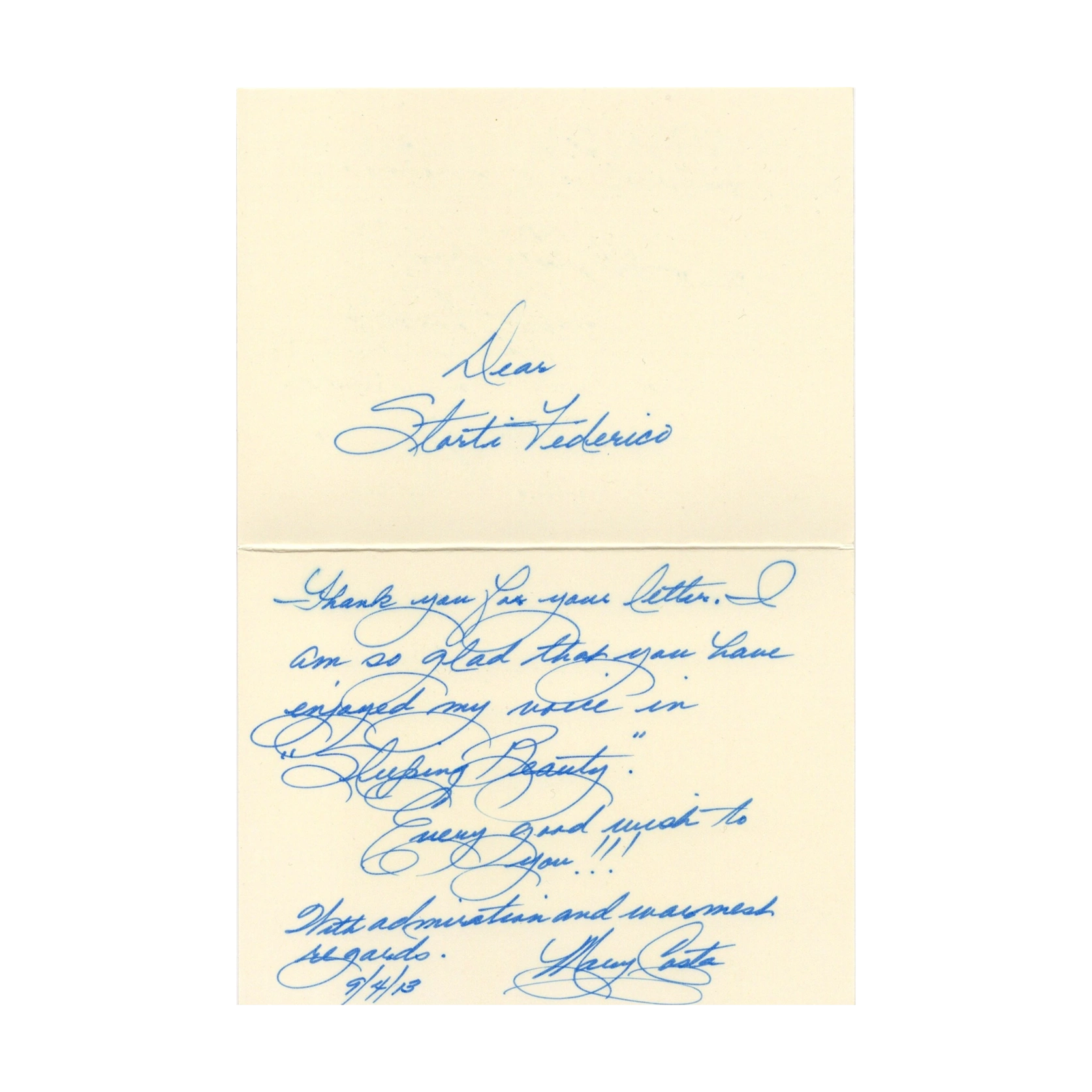 Mary Costa Signed Card – Original Autograph Princess Aurora (Sleeping Beauty)